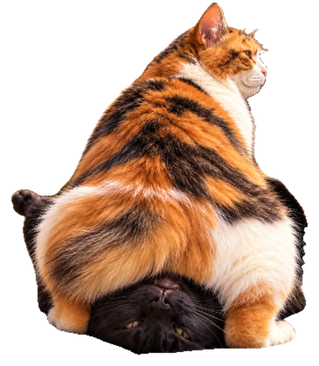 A fluffy calico cat sitting squarely on a black cat's face on a cushion